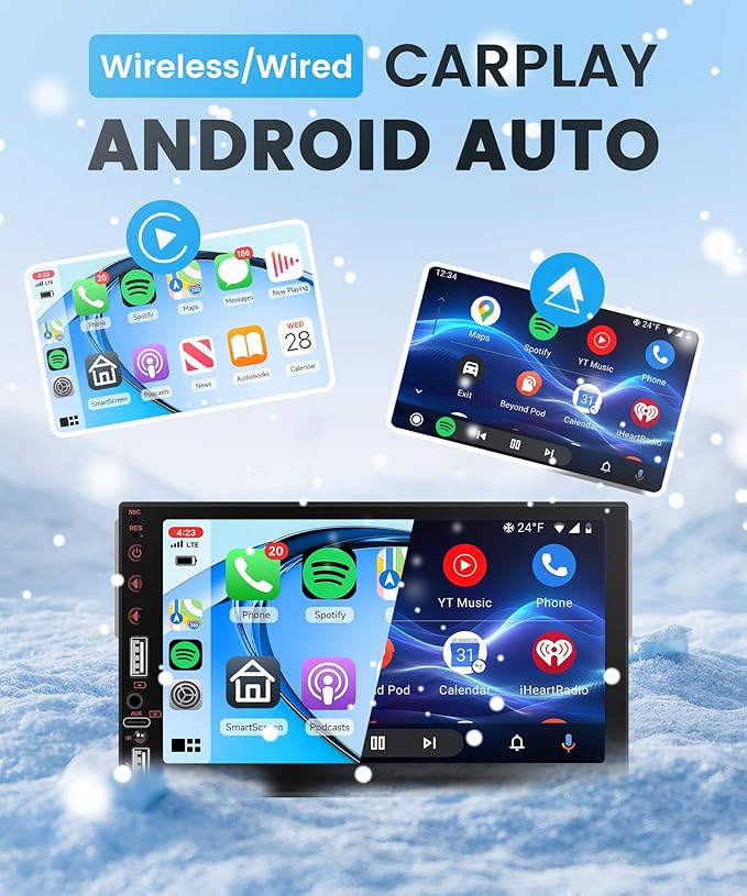 Car Stereo Single Din Wireless Carplay Android Auto 7'' Touch Screen, Rimoody Car Radio Bluetooth support Online Video and Yo-u Tu-be video, FM, EQ, Type-C, AUX, USB-2, Mirror Link, SWC, Backup Camera