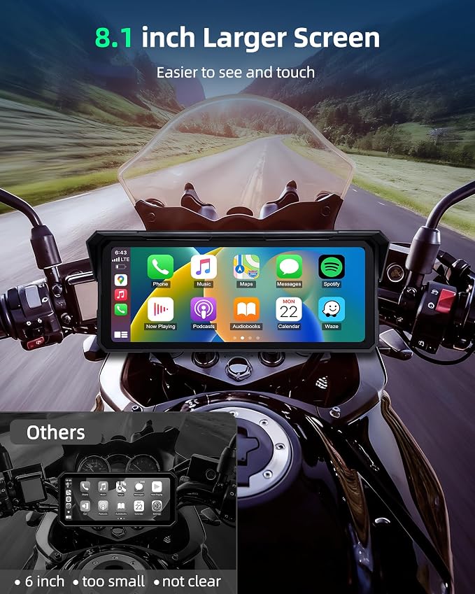 8.1" 4K Motorcycle CarPlay Screen w 4K Dash Cam Wireless Carplay Android Auto Screen for Motorcycle with GPS Navigation Voice Control WiFi Video Dual Bluetooth IPX7 Waterproof Wired Control