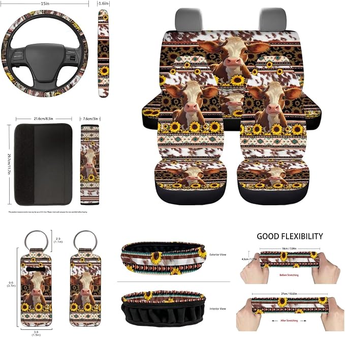 Western Aztec Cow Car Seat Covers Full Sets Cow Car Accessory for Women,Universal Fit Auto Steering Wheel Wrap/Safety Seatbelt Pads/Coasters/Keyrings/Mirror Cover Auto Interior Protector