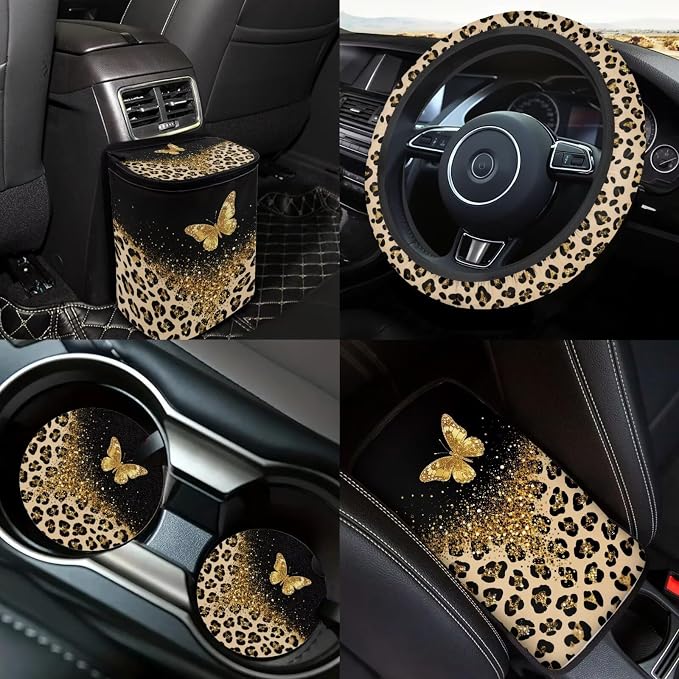 Butterfly Leopard Print Car Seat Covers Full Set Leopard Print Car Accessories Full Set with Butterfly Car Headrest Covers Seat Belt Pads Cover Auto Trash Can Steering Wheel Cover Universal