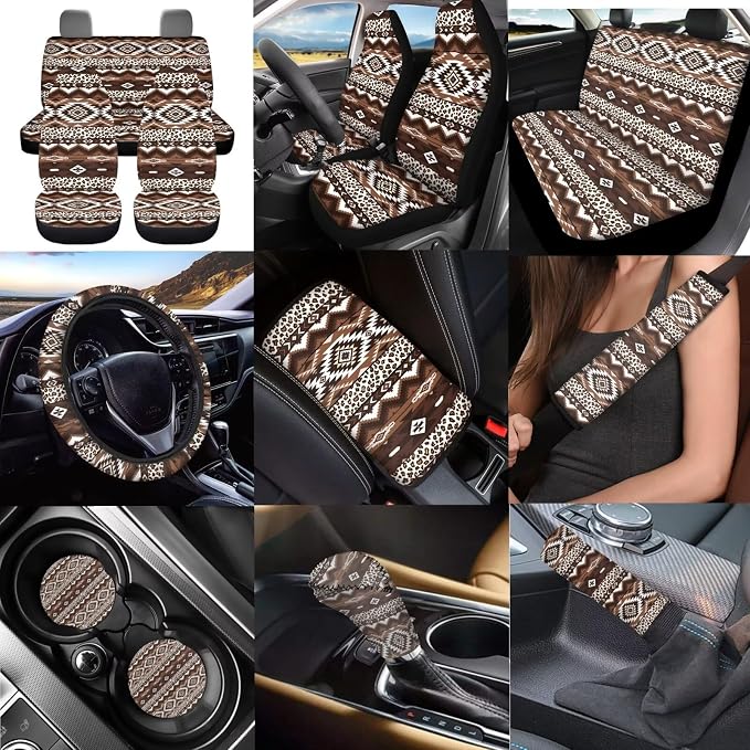 Dreaweet Aztec Leopard Print Car Seat Covers Full Set 12 Pcs - Brown Front and Back Seat Covers with Steering Wheel Cover with Center Console Cover,Coasters,Seatbelt Covers,Gear Shift Handbrake Cover