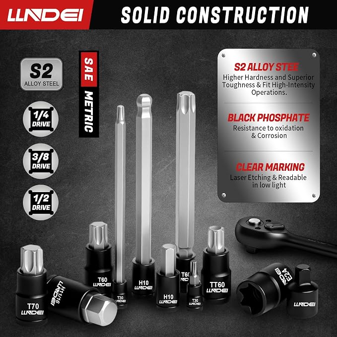 LLNDEI 115-Piece Torx & Allen Bit Socket Set, 1/4",3/8"and 1/2" Drive, Extra Long Torx//Tamper Proof Torx/Hex/Ball End Hex Socket Set, S2 Steel, SAE/Metric, with Ratchet Wrench & Adapters