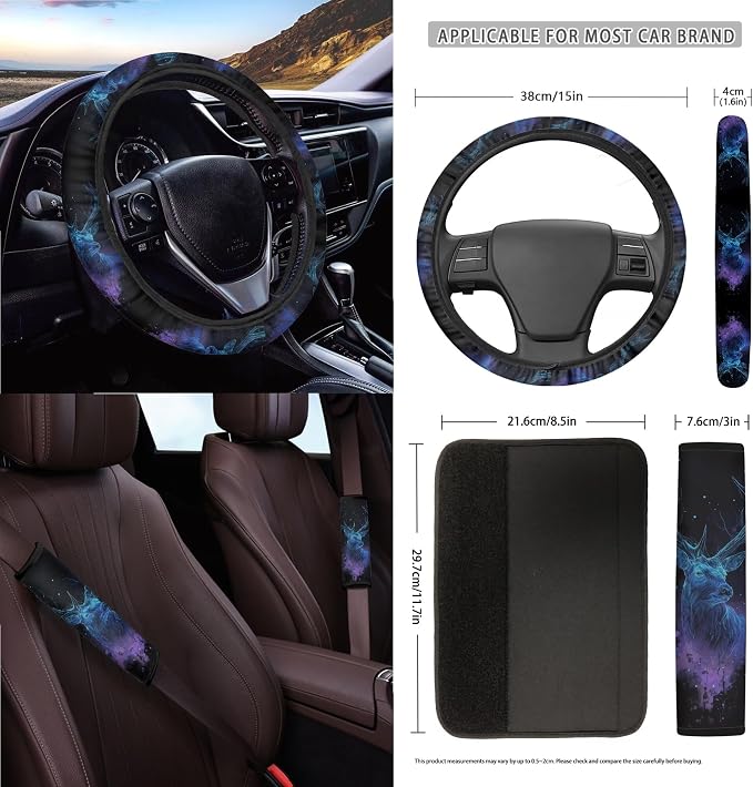 Galaxy Deer Print Car Accessories Full Set of 15 Car Seat Covers Seatbelt Strap Covers Steering Wheel Cover Air Vent Storage Bag Rearview Mirror Cover Cup Holder Key Chain Car Decor