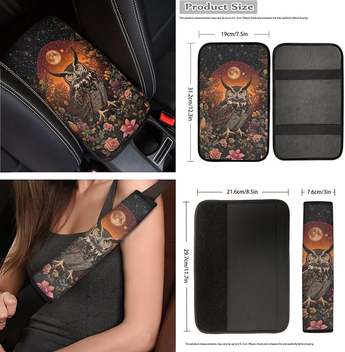 Moon Floral Owl Car Seat Covers Full Set 15 Pcs Car Accessories Including Steering Wheel Cover Seat Belt Pad Trash Can Car Headrest Pillow Covers Armrest Pad