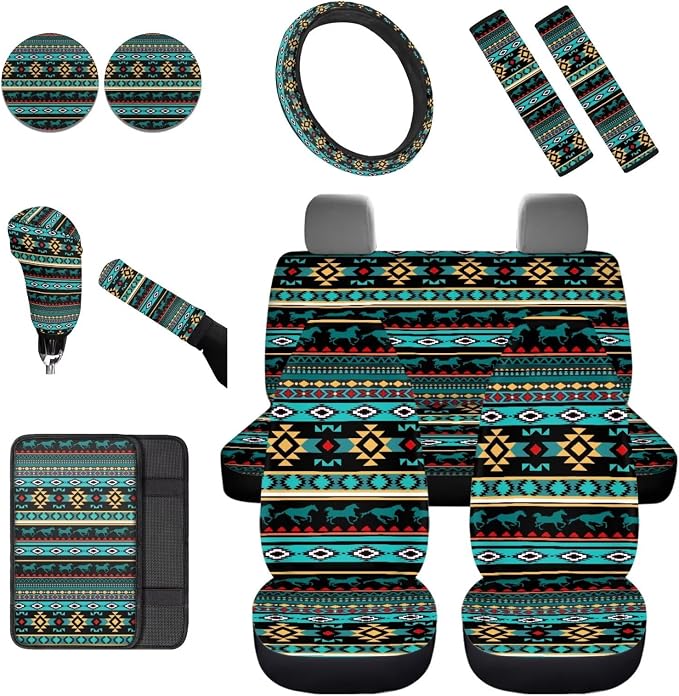 Dreaweet South Western Aztec Seat Covers for Cars Full Set,Native American Seat Cover with Steering Wheel Cover/Center Console Cover/Seatbelt Covers/Coaster/Gear Shift Cover/Handbrake Cover,Universal
