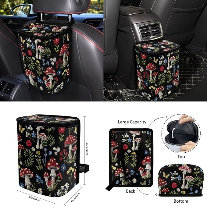 Forest Mushroom Auto Interior Accessories Car Seat Covers with Auto Steering Wheel Cover Seat Belt Covers Car Trash Can View Mirror Cover Coaster Keychains