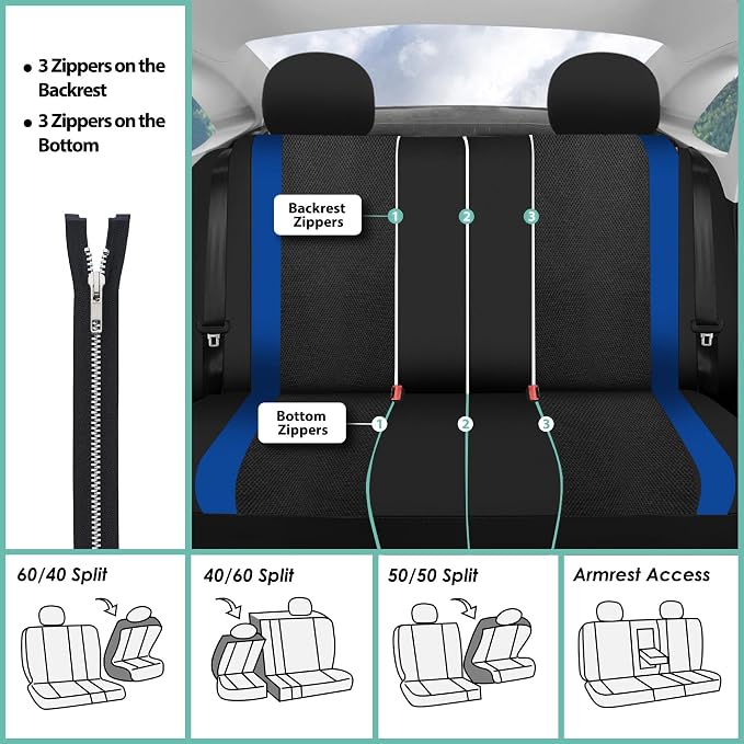 FH Group Car Seat Covers Universal Fit Full Set Interior Accessories, Sports Blue Seat Covers with Airbag and Split Rear Automotive Combo Vinyl Floor Mats Seat Covers for Cars Vans Trucks and SUV
