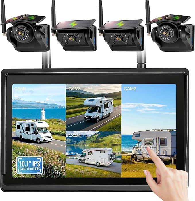 4 Magnetic Solar Wireless Backup Camera System, 10.1" IPS DVR Touchscreen, 2 Rearview + 2 Sideview Night Vision Cameras for Hitching Trailer Camper, 4x9600mAh Rechargeable Solar Battery, AT4