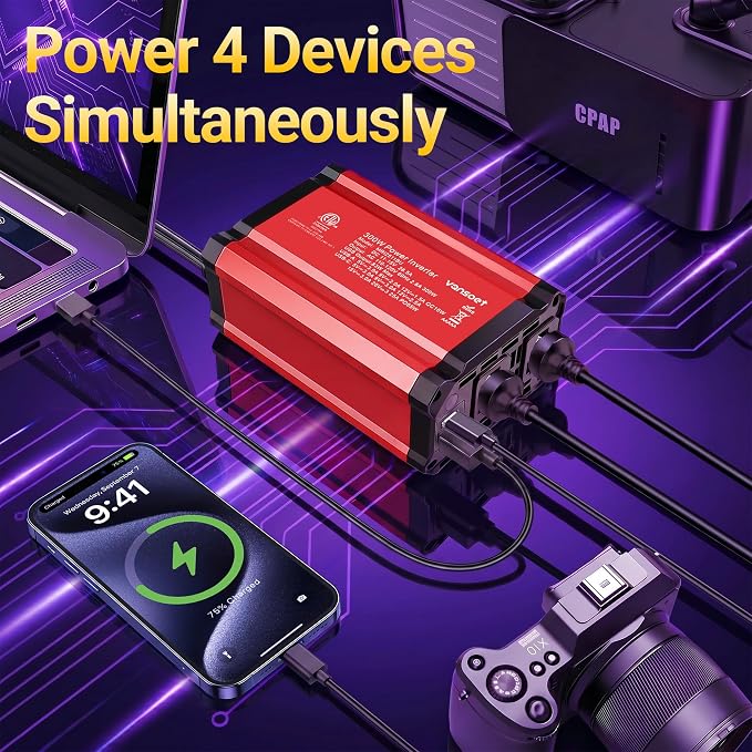 【2026 Upgraded】 300W Car Power Inverter - vansoet DC 12V to 110V AC(2 Outlets) Power Inverters with PD65W & QC18W Fast Charging Port - Car Charger Cigarette Lighter Adapter for Laptop/Phone/Road Trip