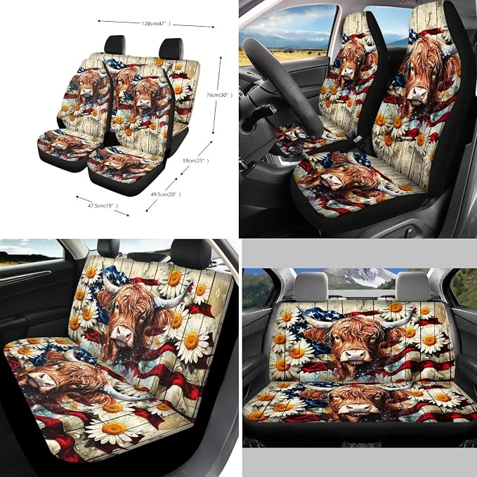 Xoenoiee American Flag Cattle Daisy Pattern Car Seat Cover Full Set with Steering Wheel Cover, Seat Belt Cover, Coasters, Key Chains for Cars SUV, Universal Auto Accessories - 11 Pack