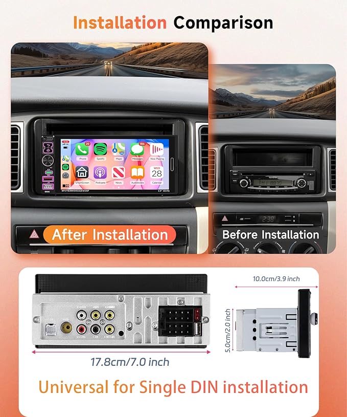 Car Stereo Single Din Wired Carplay Android Auto Car Radio with Bluetooth 5.2, Rimoody 6.9 inch Touch Screen Mirror Link FM/EQ USB-2/Type-C/SWC/MIC Car Audio Receiver with Backup Camera