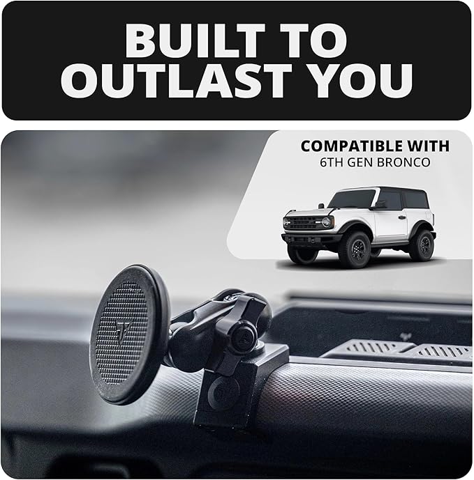 Tackform Link Phone Mount with Top Dash Clip - Compatible with 2021-2025 Ford Bronco | Aluminum | Zero Slip, Anti-Scratch | Compatible with MagSafe | Universal Magnetic Holder | 2" Arm | Green Knob
