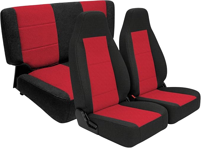 Custom Seat Covers for Jeep Wrangler TJ 1997 1998 1999 2000 2001 2002 Heavy Duty Cloth Protector Interior Accessories，Waterproof & Machine Washable, Foam Padded - Red（Front & Rear）