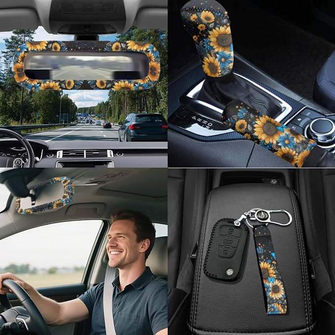 Butterfly Sunflower Print Car Seat Covers Full Sets 18 Pcs Universal Car Interior Accessories Sets Sunflower Print Steering Wheel Car Covers Auto Trash Can Car Headrest Covers Seat Belt Pads