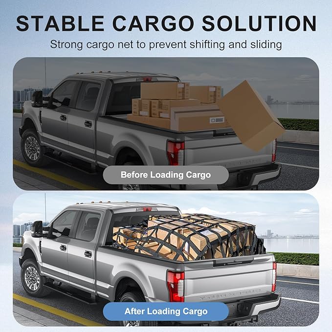 Cargo Net for Pickup Truck Bed, 82" x 50" Heavy Duty 1100LBS Capacity, Adjustable Cam Buckles & S-Hooks, Thick Herringbone Nylon Mesh with Drawstring Storage Bag for Trailers and Trucks