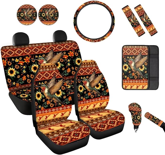 BIGCARJOB 12 Pcs Sunflower Car Seat Covers Full Set for Women Interior Accessories Auto Seat Protector Set Tribal Hummingbird Print Armrest Cushion,Seat Belt Pads,Steering Wheel Covers