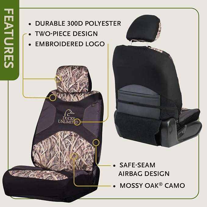 Ducks Unlimited unisex adult Low Back (Single) Seat Cover, Stacked Logo (Mossy Oak Blades), Universal US