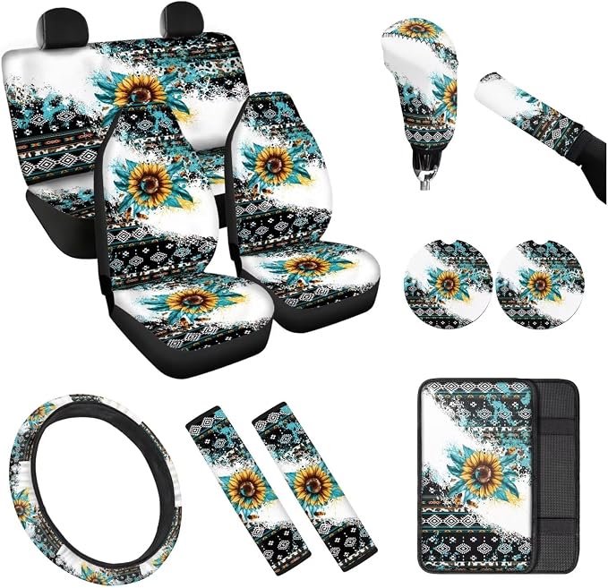 Retro Sunflower 12 Pieces Car Seat Covers Sets Steering Wheel Cover Steering Wheel Cover Car Console Covers Cars Seat Belt Cover Personalized for Most Cars, SUVs