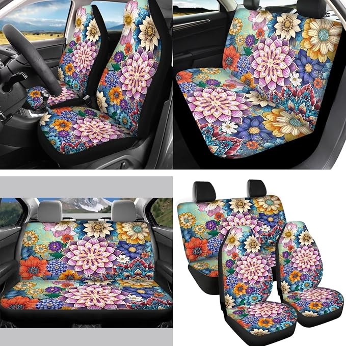 14pcs Bright Blossom Flower Automotive Seat Covers Interior Sets+Abstract Hippie Flower Steering Wheel Cover+Seatbelt Pads+Cup Coasters+Keychains+Mirror Cover+Gear Shift Knob+Handbreak