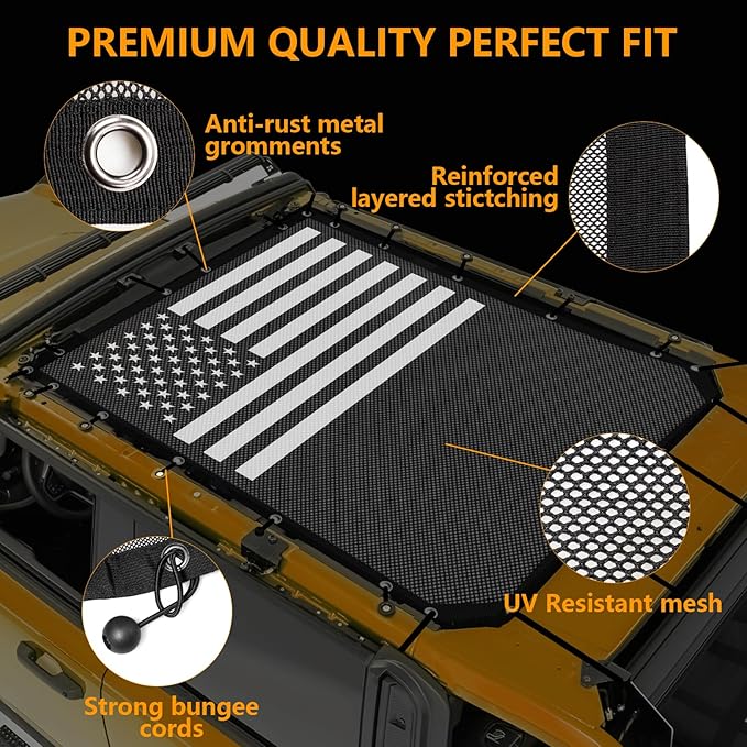 Sunshade for Ford Bronco, Mesh Sun Shade Bikini Top Cover for 2021 2022 2023 2024 2025 2026 4 Door Ford Bronco Exterior Accessories- Blocks UV, Wind, Noise (US Flag)