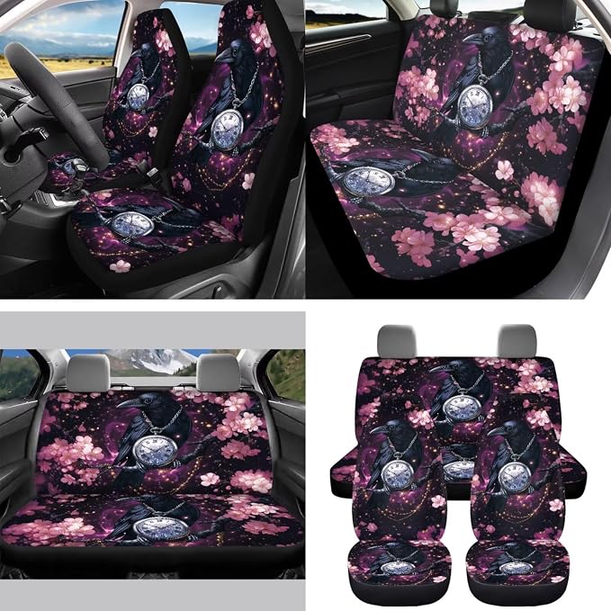Cherry Blossoms Raven Car Seat Covers Full Set for Women Cute Car Accessories Interior Car Steering Wheel Cover Seatbelt Covers Trash Bin Rear View Mirror Cover Cup Holders Keychain