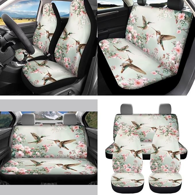 Spring Floral Hummingbird 15 PCS Car Seat Cover Set with Auto Steering Wheel Cover Seat Belt Strap Protector Cup Holder Trash Bag Rear View Mirror Protector Keychain