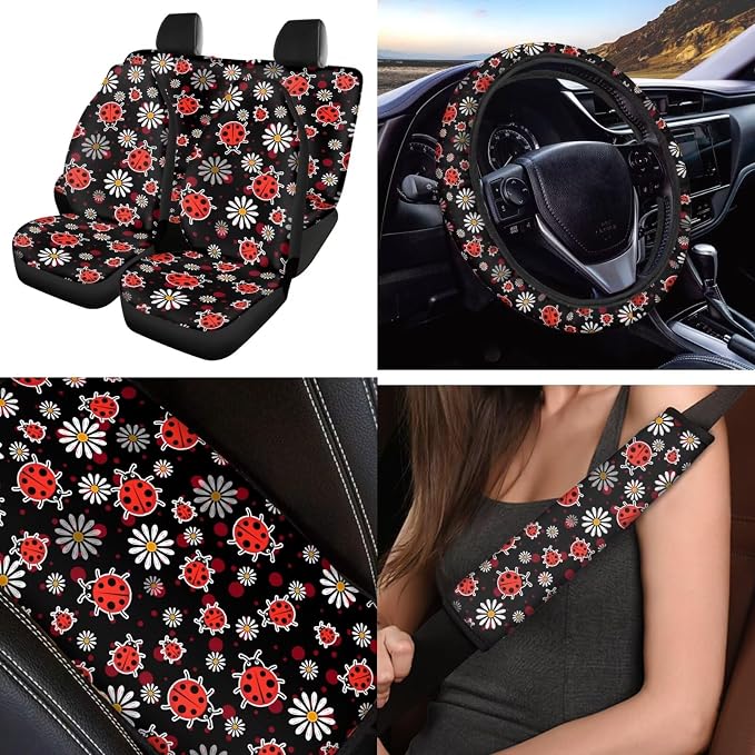 Cute Ladybug 12 Pcs Car Seat Covers with Steering Wheel Cover,Seat Belt Covers Cup Holder Keychain Holder Elastic Fabrics Universal Fit for Most Cars,SUVs