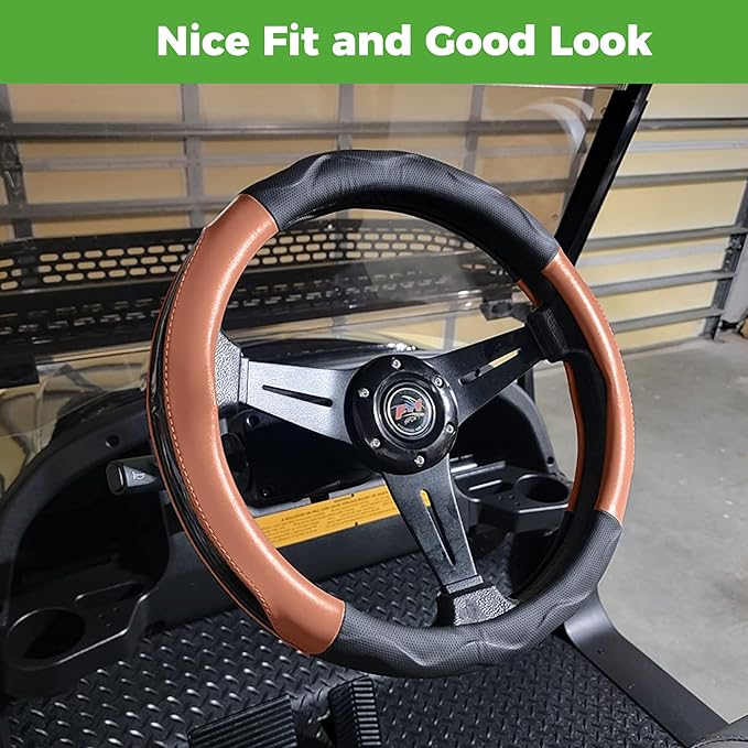 10L0L Golf Cart 14" Steering Wheel Cover for Club Car DS Precedent and Yamaha Models, Breathable Rubber Leather Materials,Good Texture Nice Look（Black+Brown）