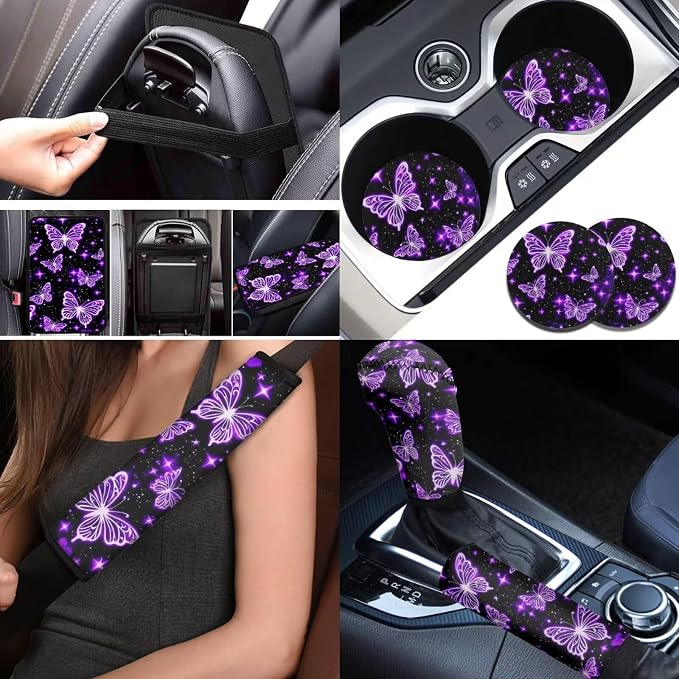 BIGCARJOB Purple Butterfly Car Seat Covers Full Set 12 Pcs Womens Auto Interior Accessories Butterfly Print Steering Wheel Covers,Armrest Seat Box Cover Cushion,Cup Mats,Universal Fit