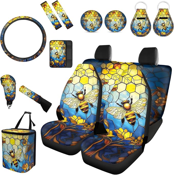 Forchrinse Bee Honey Car Seat Covers Full Set 15Pcs Auto Accessories Set for Women Universal Steering Wheel Cover Armrest Cover Seatbelt Pads Keyring Coasters