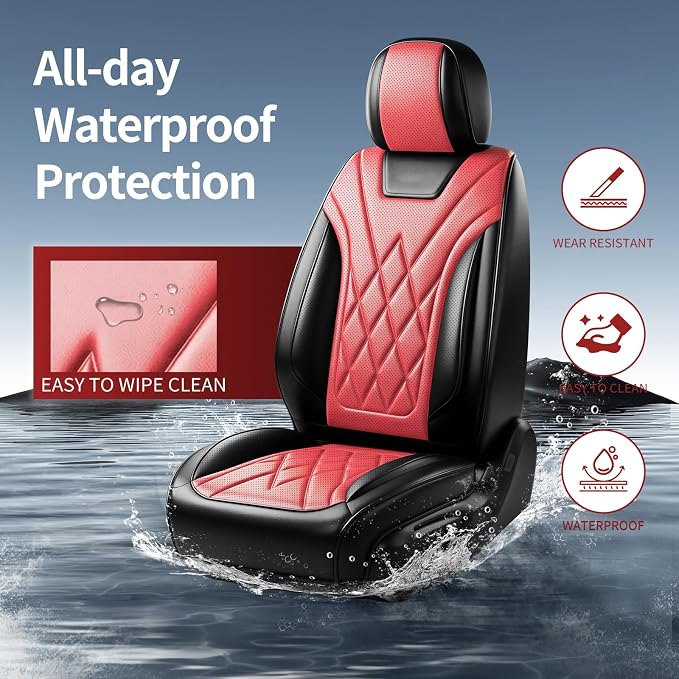 Fit Explorer Car Seat Covers for Ford Explorer 2007-2025 2026 - Luxury Leather, Anti-Slip, All-Weather, Waterproof & Breathable, Airbag Compatible, 2 Front Seats Only (Red)