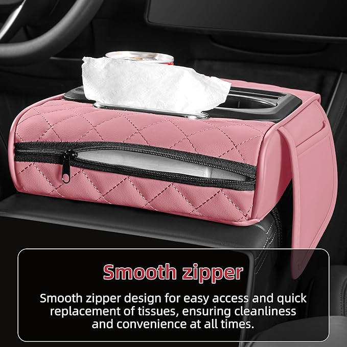 5 in 1 Nappa Leather Console Armrest Cover, Pink | Built-in cup holder, tissue slot, phone holder & 2 storage pockets, practical car accessories fit SUV sedan truck