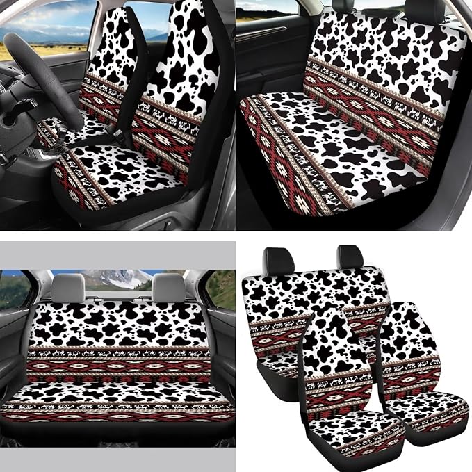 14 Piece Aztec Cow Car Seat Covers Full Set Cow Car Accessory Neoprene Steering Wheel Cover Seatbelt Pads Keychain Vehicle Mirror Accessory Handbreak Gear Shift Cushion for Women Men