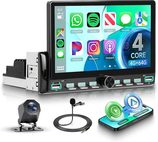 Single Din Android Car Stereo with Wireless Carplay Android Auto, Orderich 4G+64G 7“ Touch Screen Car Radio 1 Din with backup Camera, Support 4G WiFi Mirror Link GPS Navigation Bluetooth FM USB EQ SWC