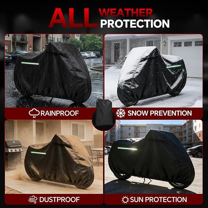 Motorcycle Cover, 420D Outdoor Storage Waterproof All Season Sun Protection Night Reflective with Adjustable Windproof Buckle Storage Bag Universal Fit up to 96.5" Motorbikes Vehicle Cover