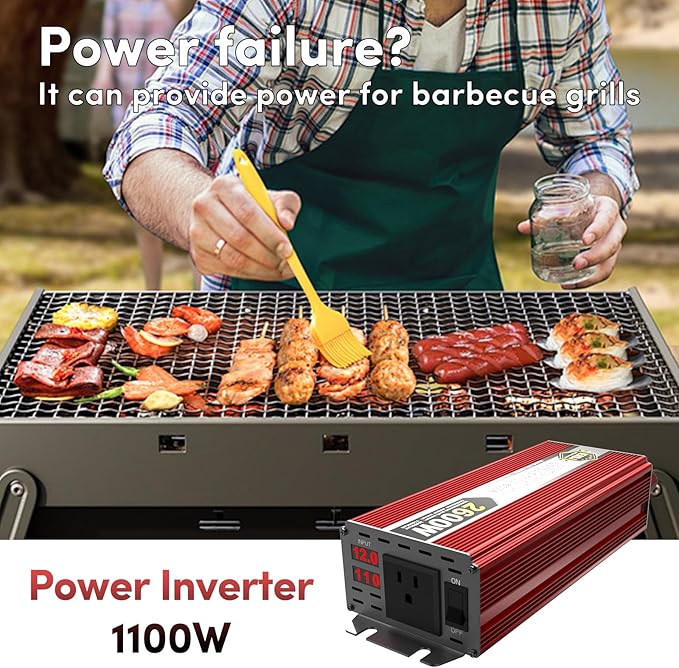 IERBJ 1100W Power Inverter, DC 12V to AC 110V, 2600W Peak Power, LED Display, Pure Sine Wave,Cooling Fan,for Vehicles,Car,RV,Truck,Ship