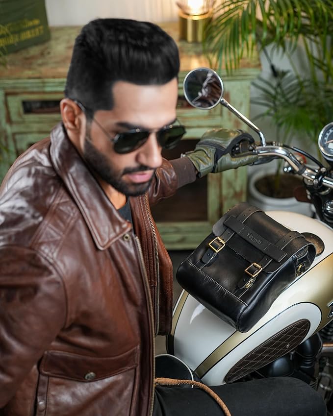 Trip Machine Company Genuine Leather Motorcycle Magnetic Fuel Tank & Tail Pillion Seat Mount Bag with Shoulder Strap and Rain Cover (Black)
