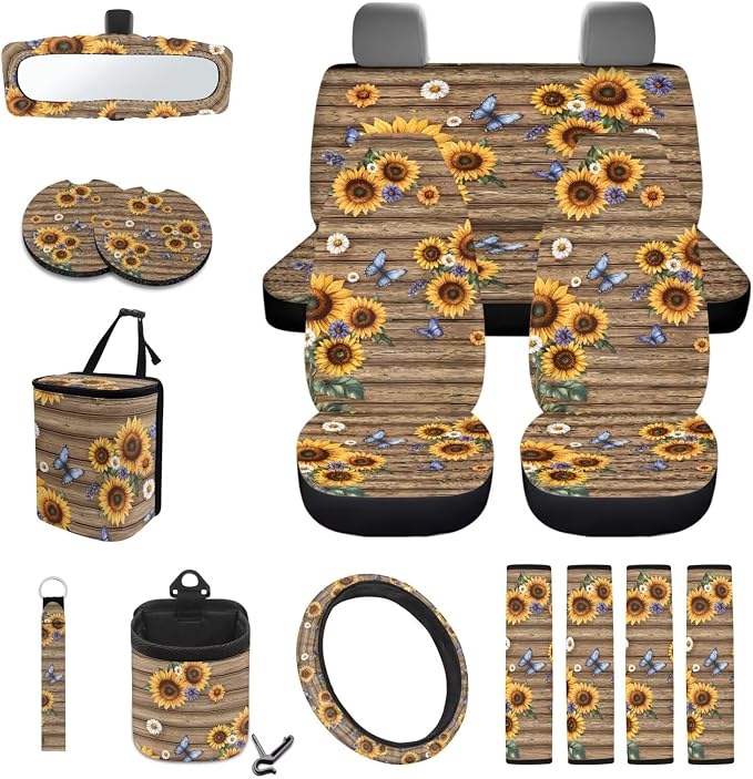 Wood Sunflower Daisy Butterfly Print Full Set Seat Covers, Auto Streering Wheel Cover, Trash Bin, Seat Belt Cover, Keychain, Air Vent Bag, Coasters, Set of 15