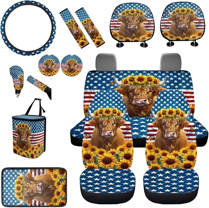 BIGCARJOB Highland Cow Print Car Seat Cover Set for Front and Rear,15 Pcs Sunflower Car Seat Interior Accessories Full Set with Seat Belt Pads,Car Seat Head Rest Protective Cover,Auto Garbage Bag