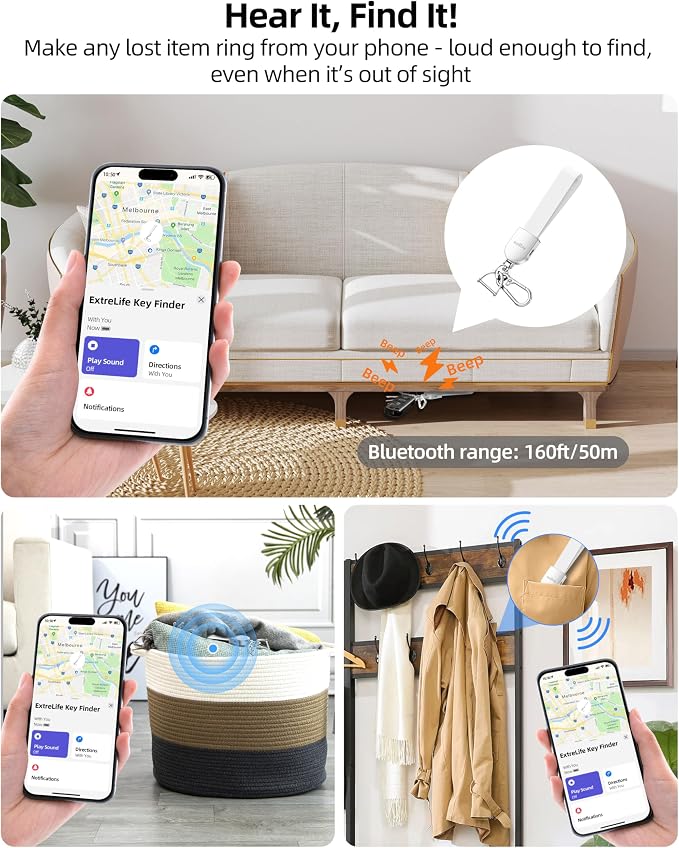 ExtreLife Keychain, Works with Apple Find My, Leather Car Keychain for Women and Men, Car Key Fob Holder, Key Chain with GPS Tracker, Anti-Lost Smart Keys Finder, Rechargeable, White