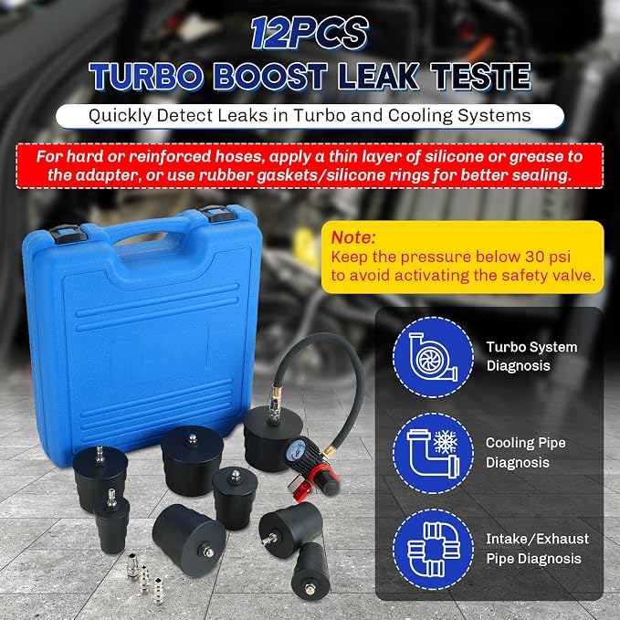 Turbo System Leakage Tester Kit | 12-Piece Turbo Boost Leak Tester with 4 Pairs of 1-3/8" to 3-1/2" Stepped Adapters, Turbo Pressure Leakage Tester for Cooling Emissions Exhaust Pipes