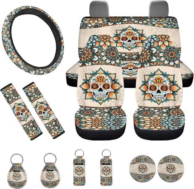INSTANTARTS Dahlia Skull Car Seat Cover Set - 13 Pieces, Including Belt, Key Fob, Lipstick, Steering Wheel, and Coaster Covers