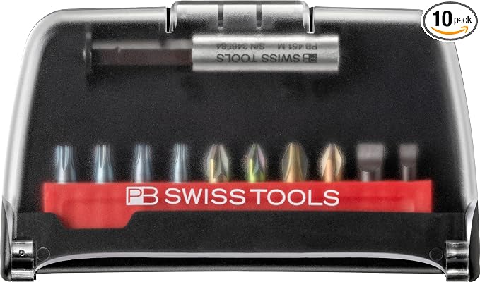 PB Swiss Tools Torx Pozidriv Phillips Slotted Bit Set PB C6.702 BC CN | 100% Swiss Made | 10-Piece BitCase with C6 1/4" PrecisionBits and Magnetic Holder PB 451.M