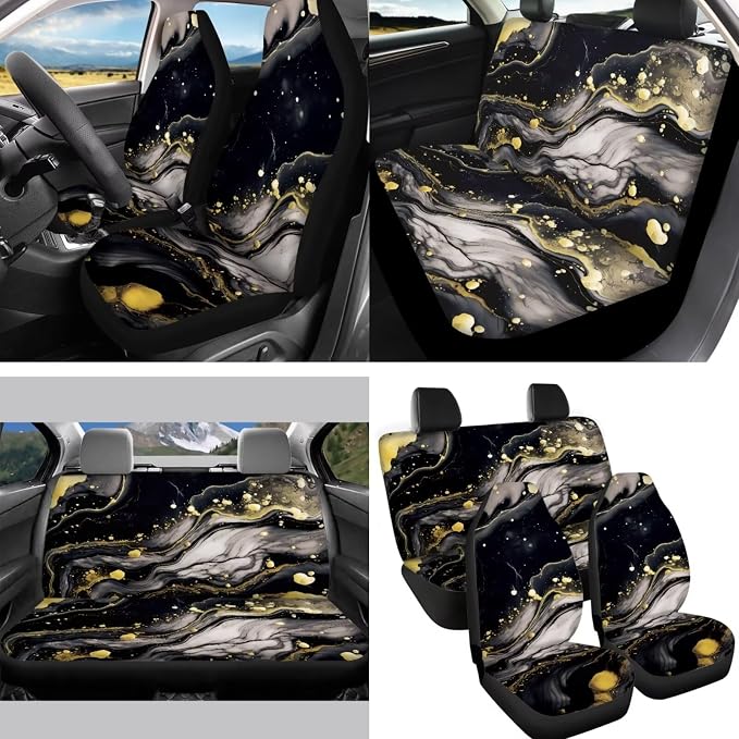 Black Marble Car Seat Covers Full Set for Women Men+Universal Fit Marble Style Automotive Interior Accessory Decoration with Steering Wheel Cover+Keyring+Cup Mats+Rear View Mirror Cover
