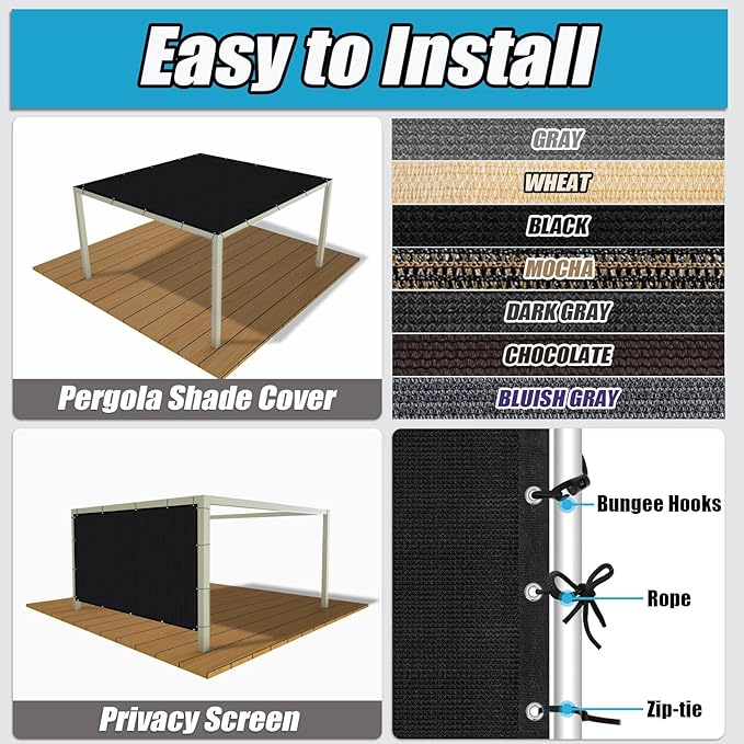 Amagenix 90% Sun Shade Cloth with Grommets, 10' x 10' Pergola Replacement Shade Cover Canopy Privacy Screen for Outdoor Patio Garden, Black (We Customized)
