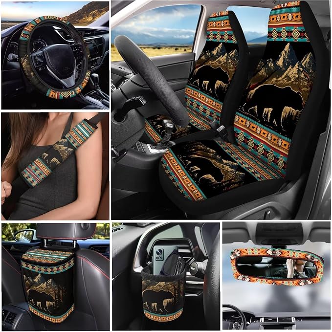 Dreaweet Mountain Bear Aztec Seat Covers for Cars Full Set 15 Pcs Universal Tribal Steering Wheel Cover Seat Belt Pads Car Coasters Trash Bag Air Vent Storage Pouch Rear View Mirror Cover Keychain