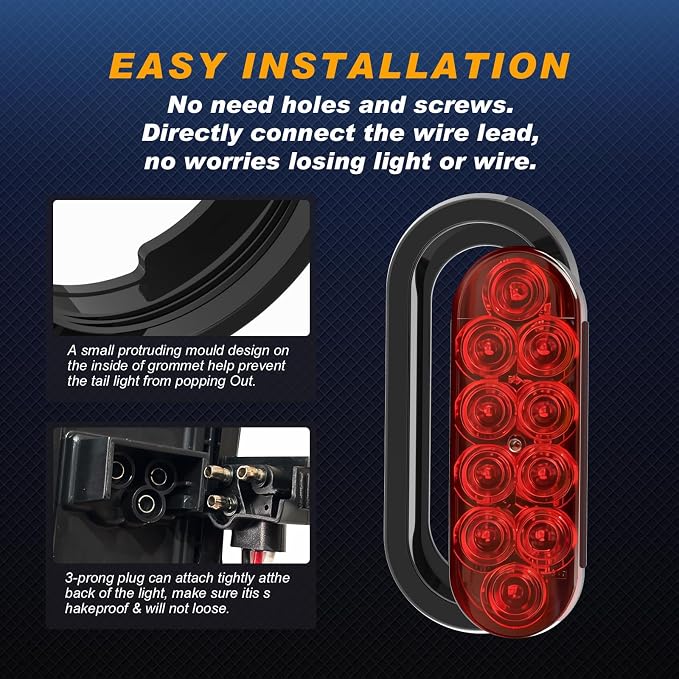 6" Oval LED Trailer Lights, Red 4 Pack, 12V | 6-inch oval, 4 red, IP65 waterproof, 3-wire plug-and-play, stop/turn/tail, high brightness