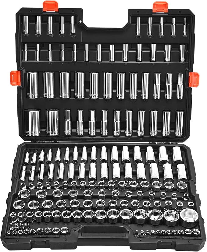 VEVOR Socket Set, 163 Pieces, 3/8 & 1/4 & 1/2 inch Drive Socket Tool Set, SAE and Metric, Deep and Standard, Mechanic Tool Kit with Storage Case, Chrome Plated CR-V Alloy Steel, for Automotive Repair