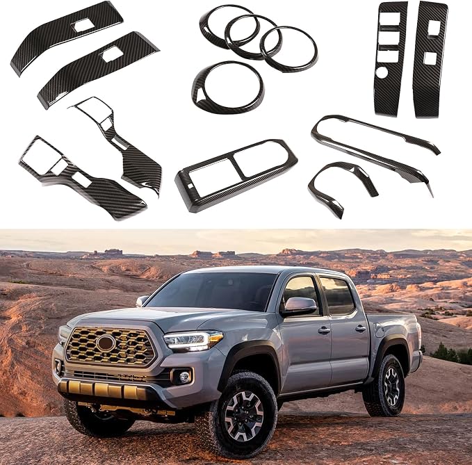 14PCS Full Set Interior Decoration Trim Kit Compatible with Toyot@ Tacoma 2016-2022 Central Control Dashboard Frame Cover Shift Knob Cover Air Vent Trim Cover Window Button Cover (Carbon Fiber)