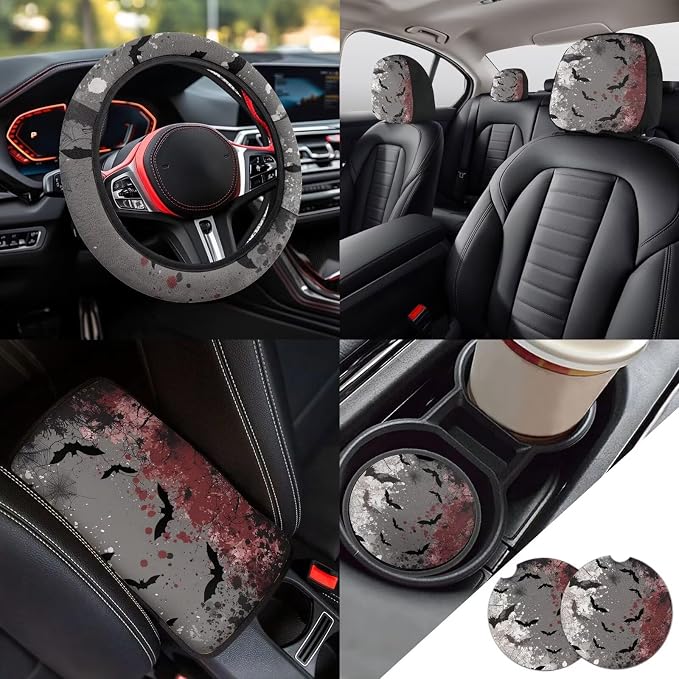 Spider Web & Bats Pattern Auto Seat Cover Set of 13, Car Front & Back Seat Cover with Steering Wheel Cover, Seat Belt Covers Cup Holder Keychain, Fit for Most Cars SUV